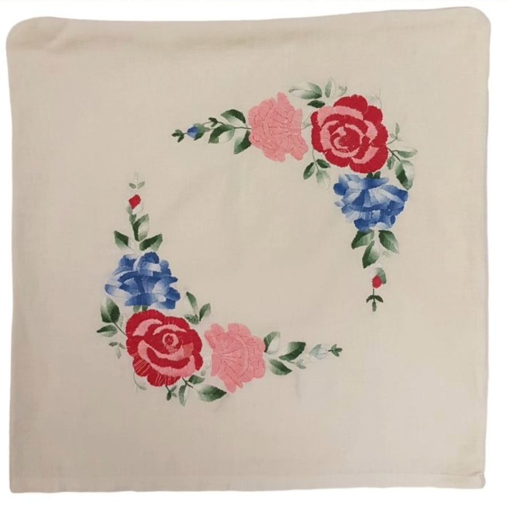 Vintage Handmade Needlepoint Pillow Sham Cabbage Roses 16x16 inch Pillow Cover